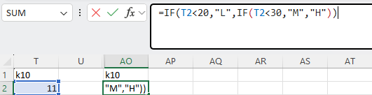 Excel screenshot showing the L/M/H coding formula for K10 totals